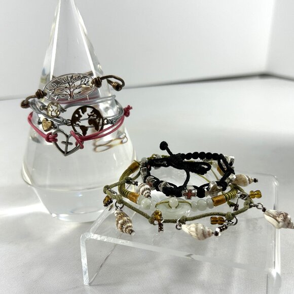 Lot 8 Corded Beaded Bohemian Bracelets Layering Family Cross Heart Tree Shells - Picture 1 of 15